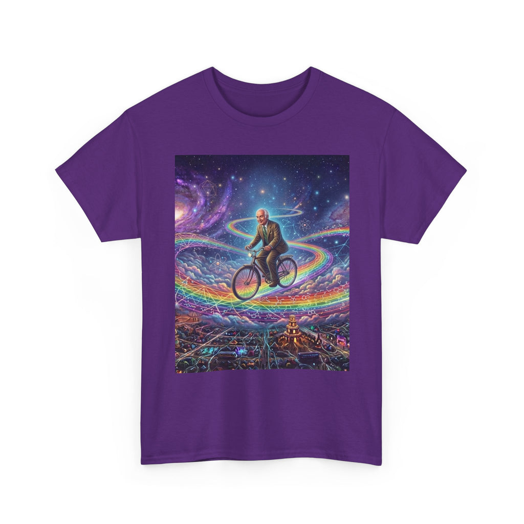Albert Hoffman Riding Bicycle Through Rainbow Galaxy T-Shirt | Surreal Cosmic Art, Deadhead Gift