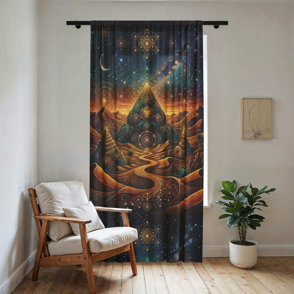Mystic Pyramid Desert Night Sheer Window Curtain | Cosmic Stars, Crescent Moon