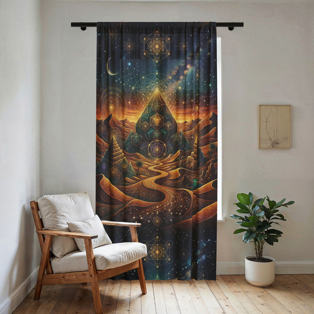 Mystic Pyramid Desert Night Sheer Window Curtain | Cosmic Stars, Crescent Moon