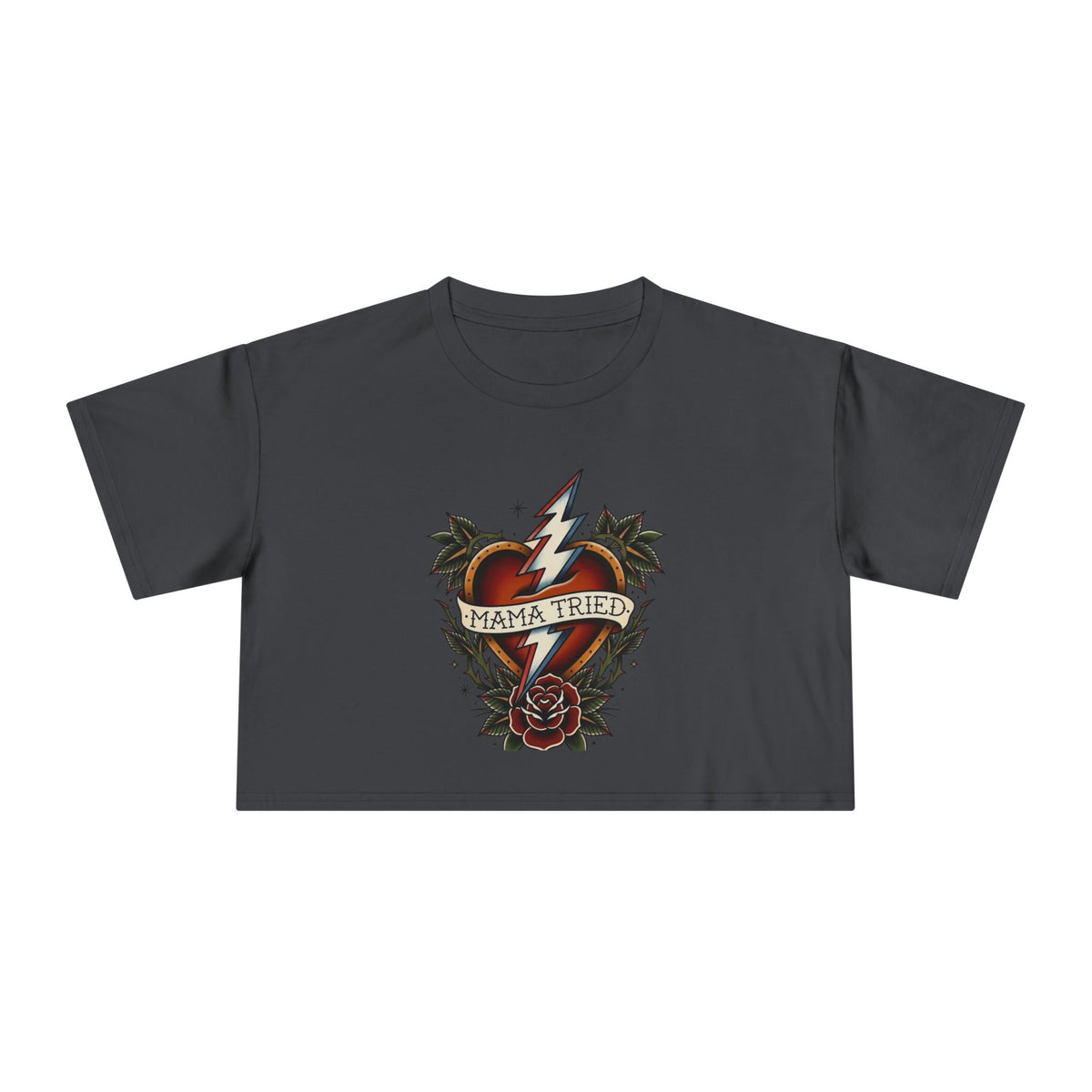 Mama Tried heart lightning tattoo crop tee | rose, palm leaves