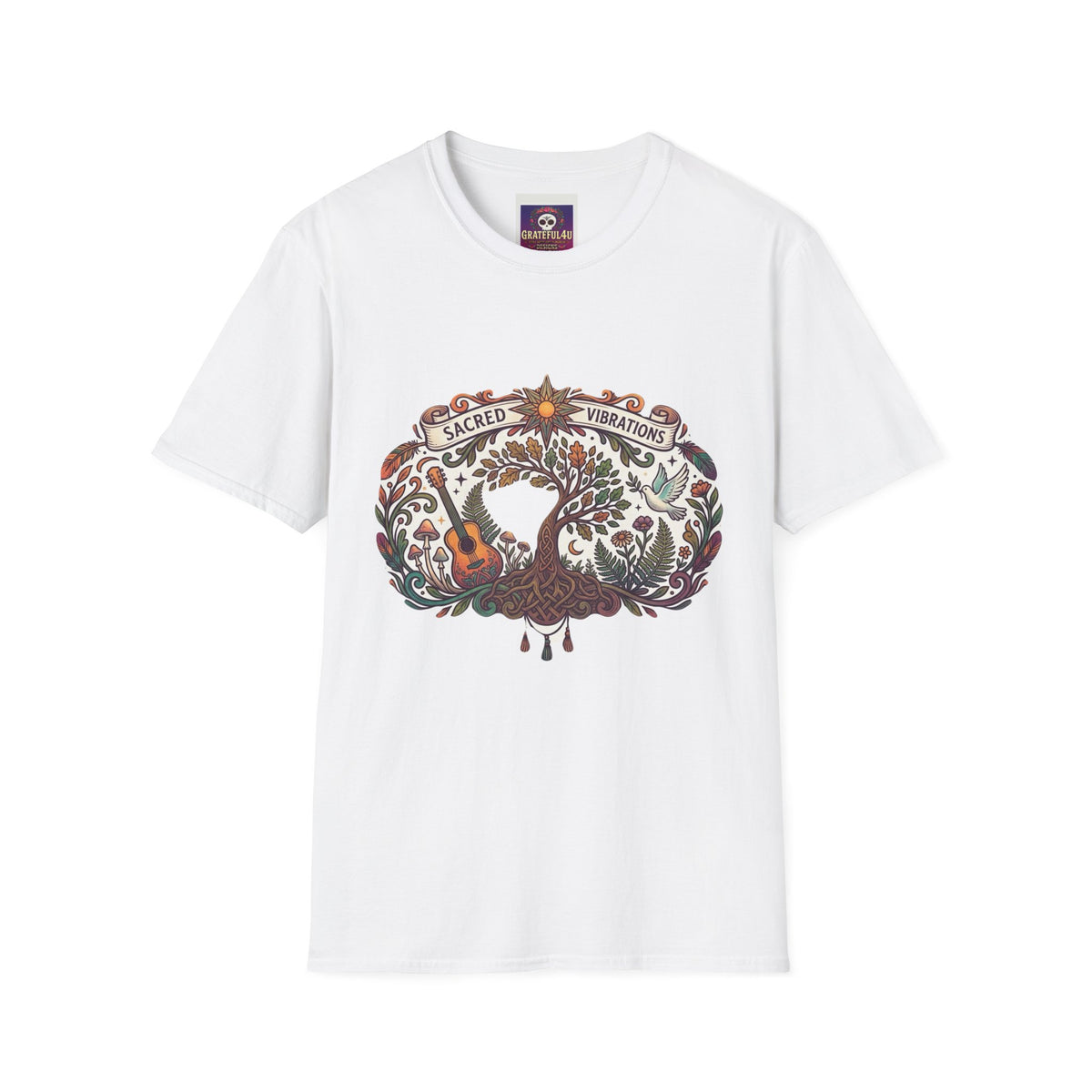Sacred Vibration peacock and guitar T-Shirt | floral folk art design