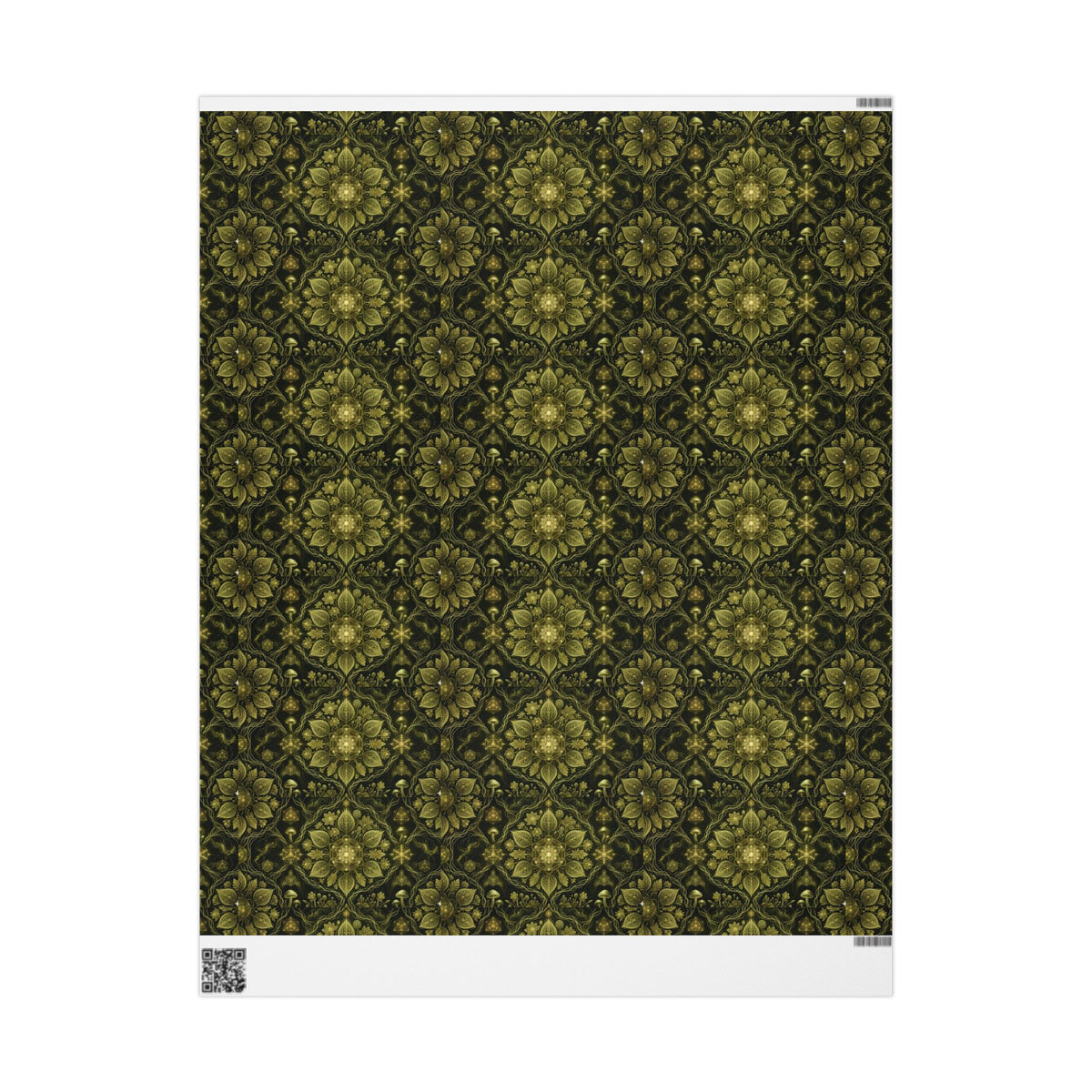 Gold Floral Pattern Wrapping Paper | Dark Green Botanical Gift Wrap, Hippie gift wrap, Deadhead gift wrap, sacred geometry