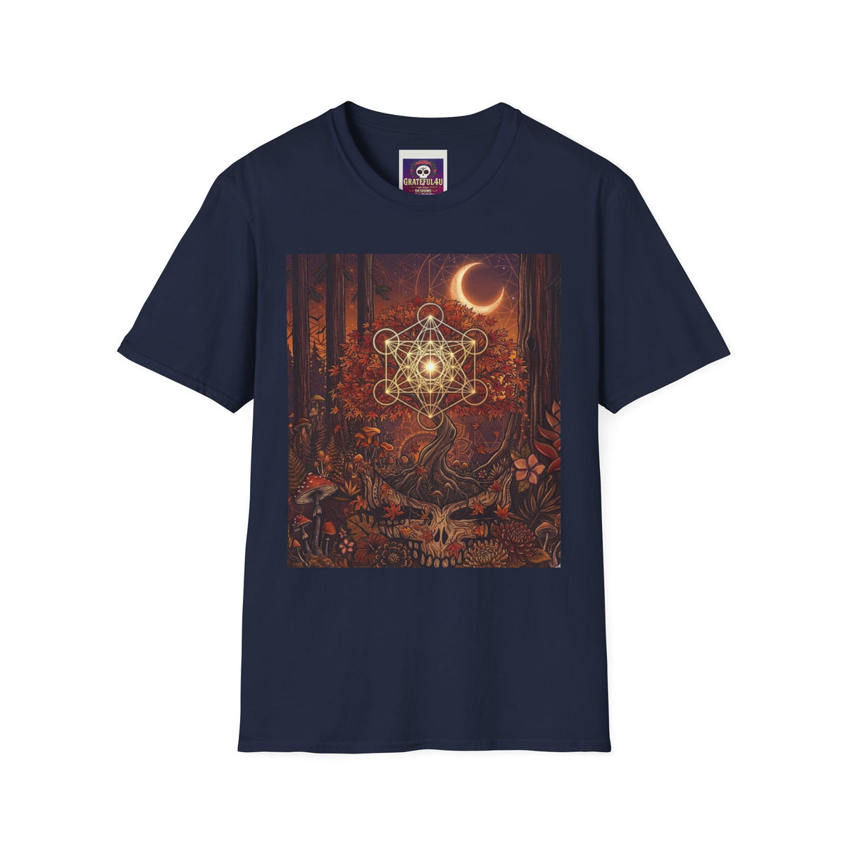 Sacred Geometry Forest Skull T-Shirt | Crescent Moon, Mystical Mushroom Art,Deadhead gift