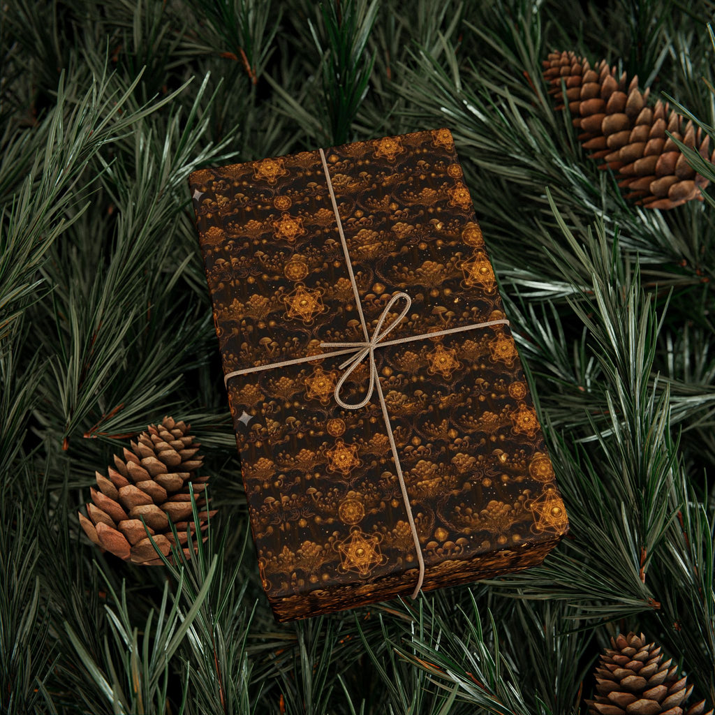 Sacred Earth Gold Mandala Pattern Wrapping Paper | Brown Decorative Gift Wrap, Burning Man Christmas wrapping paper