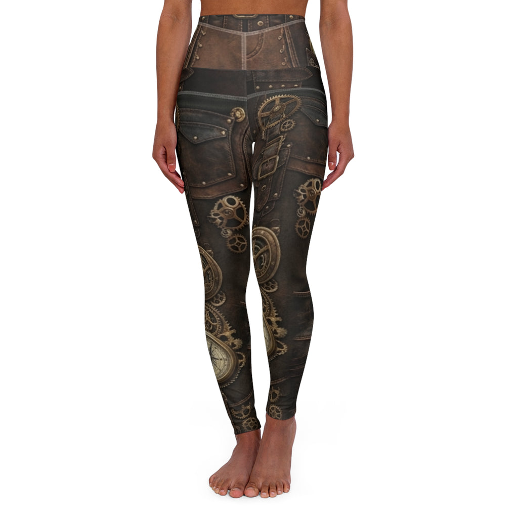 Steampunk Gears Pattern High Waisted Yoga Leggings | Vintage Mechanical Print