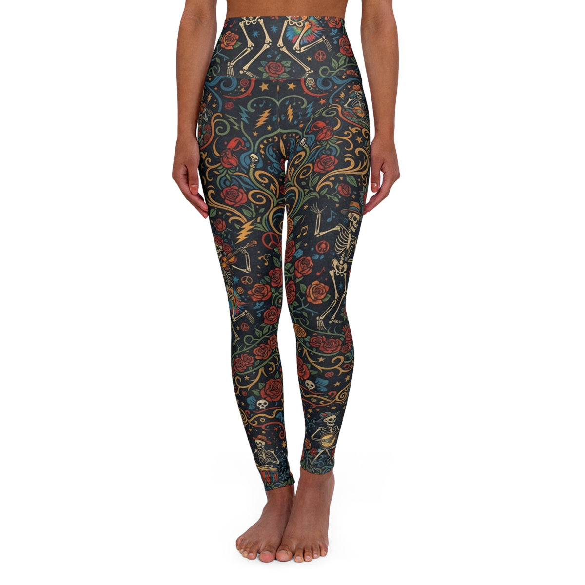 Ornate Deadhead Skeletons High Waisted Yoga Leggings | Dancing in the Street Psychedelic Mandala Festival Pants, Hippie