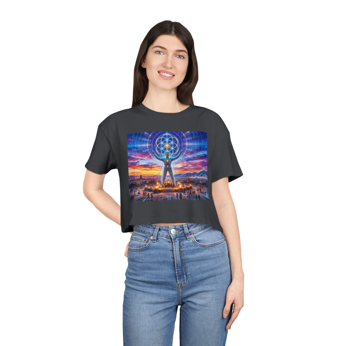 Cosmic Human Figure with Flower of Life Crop Tee | Spiritual Geometry T-Shirt, Burning Man Crop top, Vision Quest, Deadhead