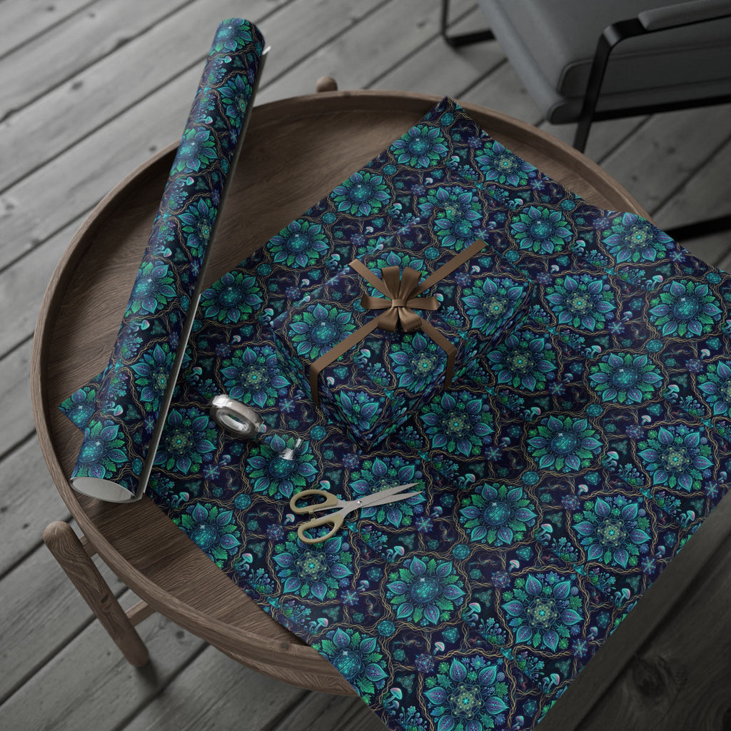 Teal Floral Mandala Wrapping Paper | Gift Wrap Roll, Botanical Pattern, Hippie Christmas wrapping paper, boho gift wrap, Deadhead present