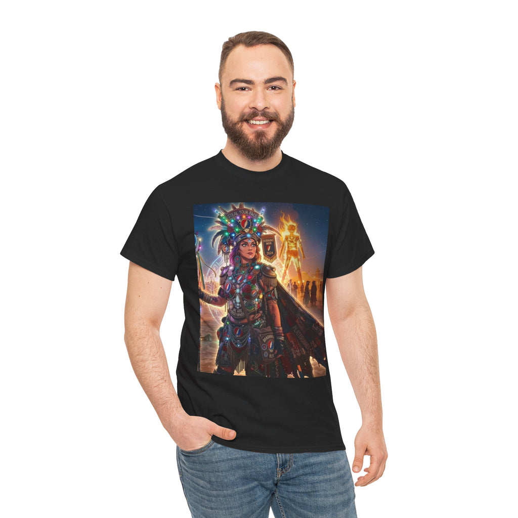 Aztec Warrior Art T-Shirt | Tribal Headdress, Festival Night Scene