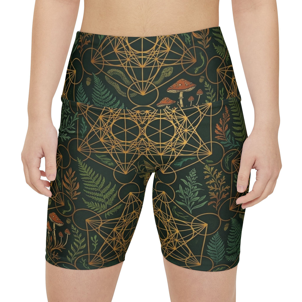 Golden Sacred Geometry with Ferns and Mushrooms Women's Workout Shorts | Nature Mystic