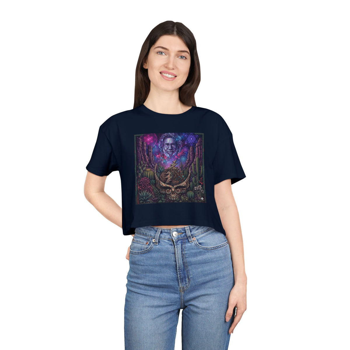 Psychedelic Skull Portrait Crop Tee | Cosmic Neon Forest
