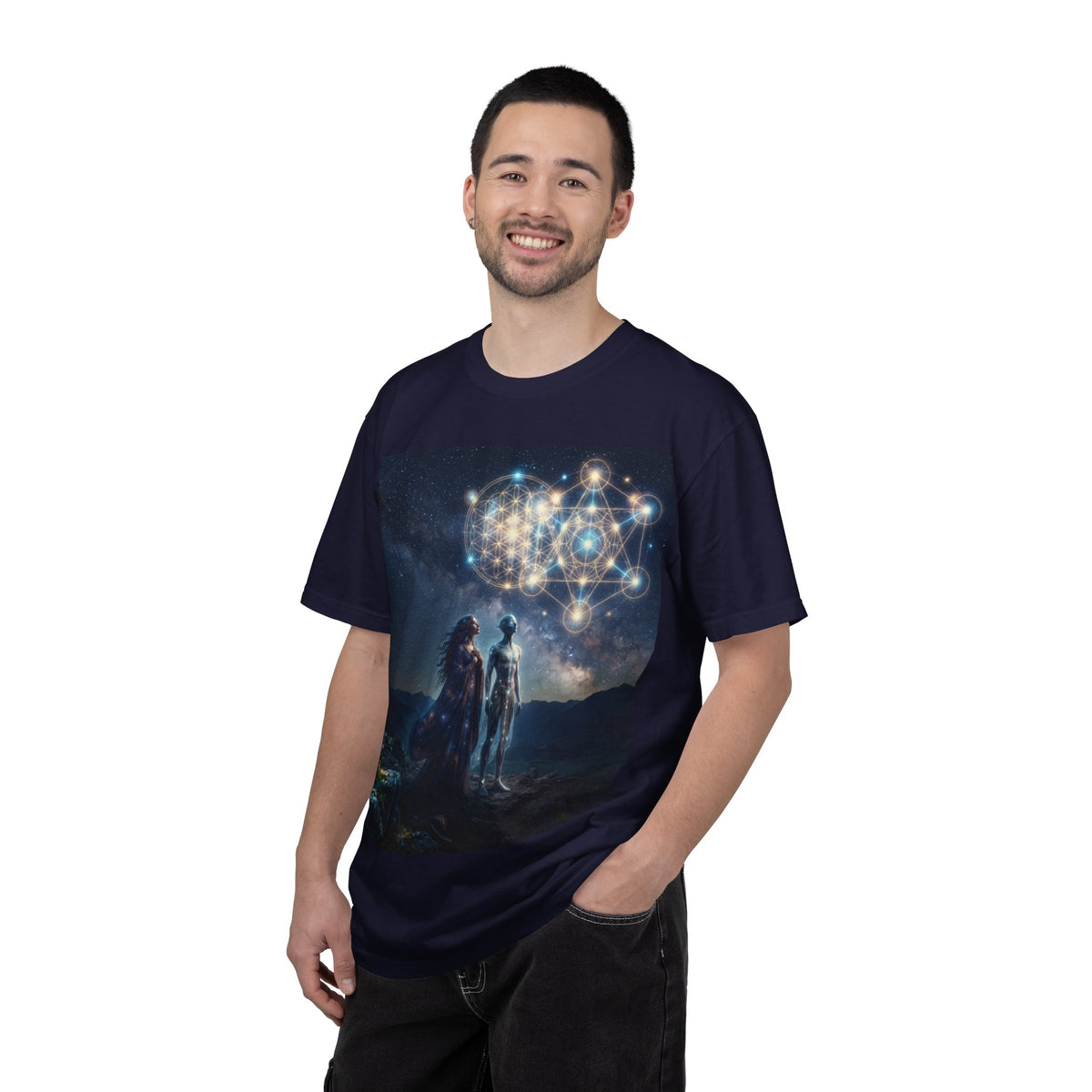 Sacred Geometry Starfolk T-shirt | Astral Couple, Metatron Cube Cosmic Design