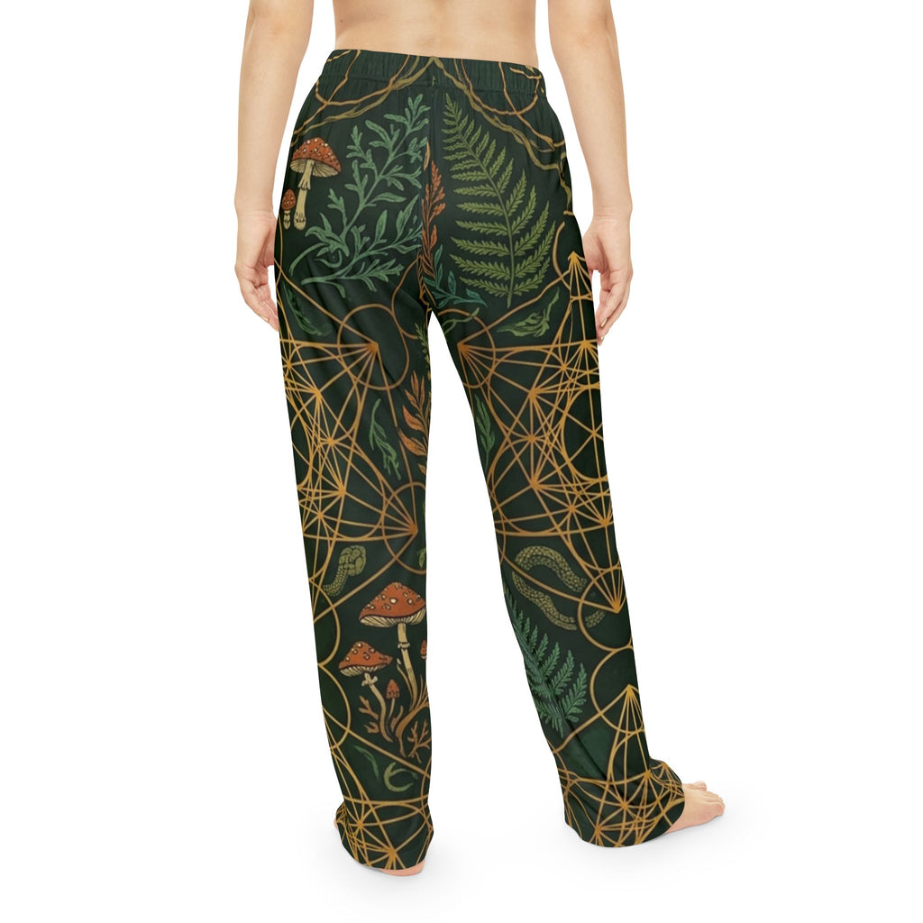 Unisex Mushrooms Geometric Pattern Pajama Pants - High-Definition Sacred Geometry Sleep Trousers, Boho Hippie Chic Comfort