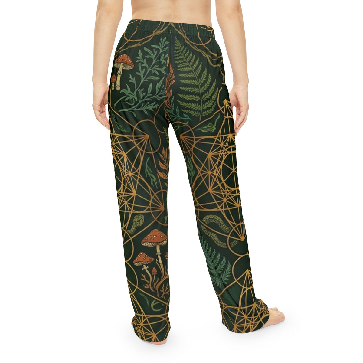 Unisex Mushrooms Geometric Pattern Pajama Pants - High-Definition Sacred Geometry Sleep Trousers, Boho Hippie Chic Comfort