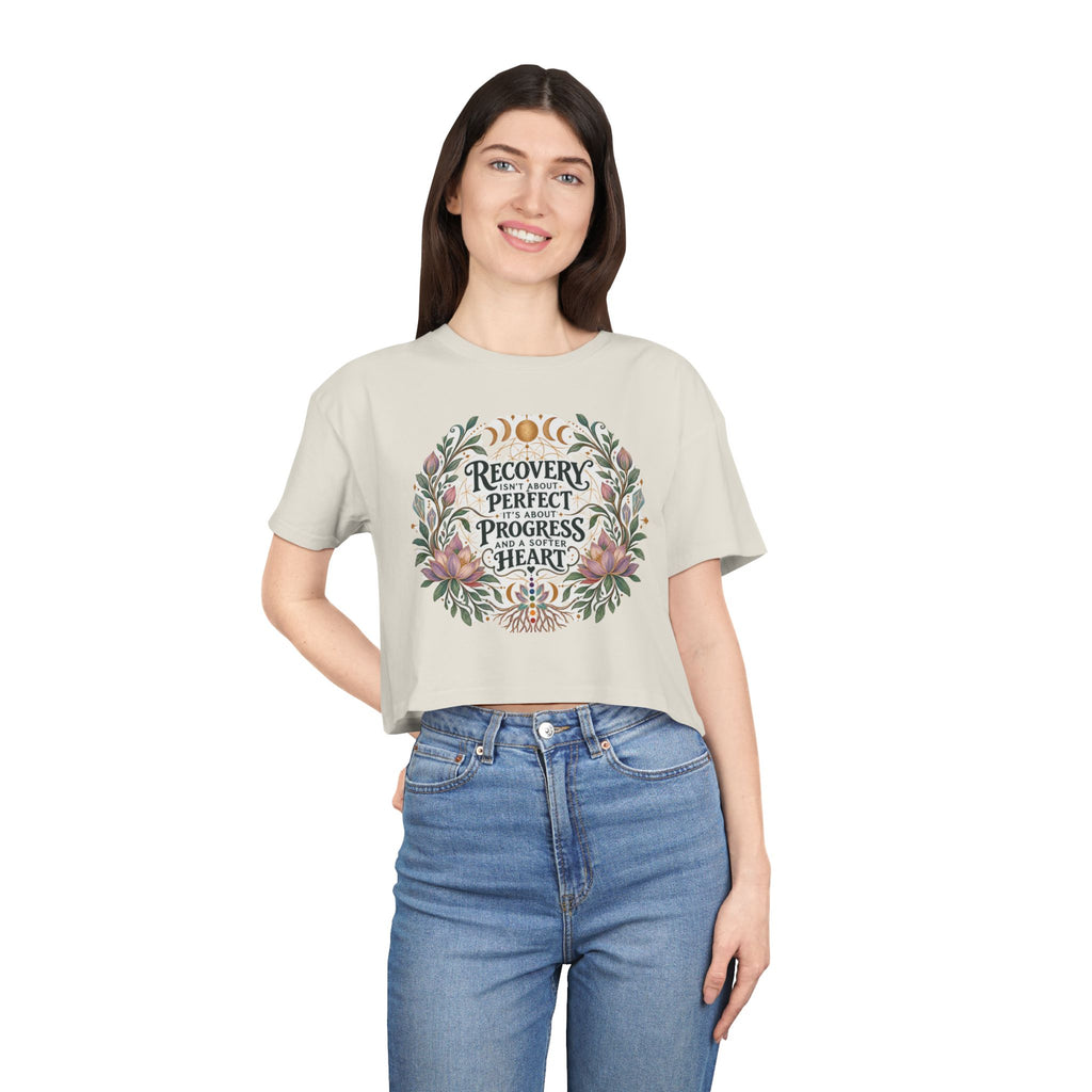 Recovery Is Progress Crop Tee | Floral Laurel Design, Inspirational Quote
