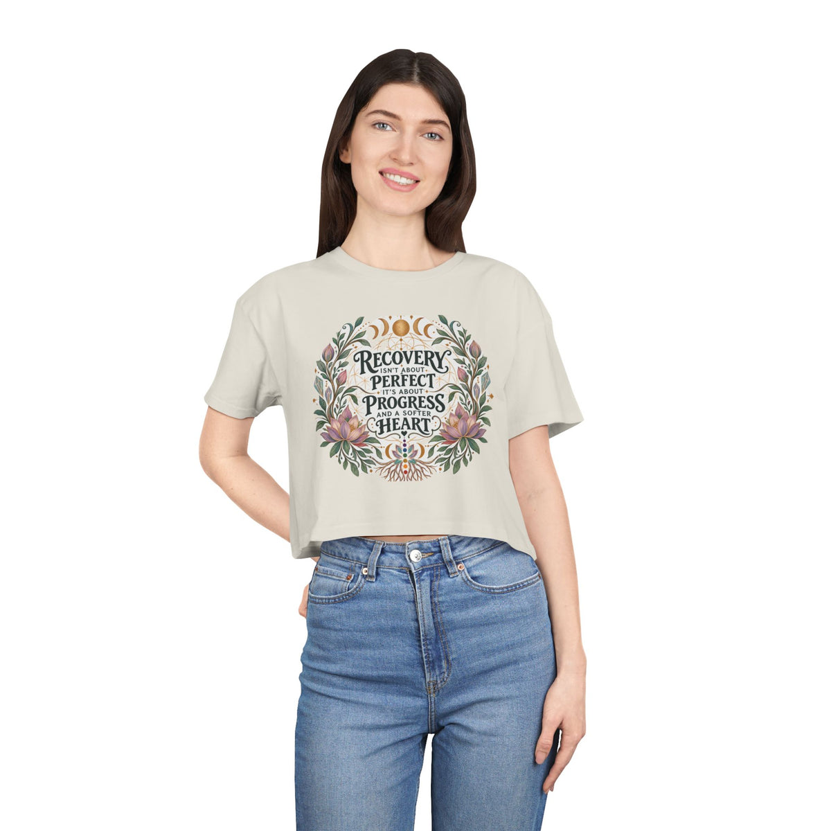 Recovery Is Progress Crop Tee | Floral Laurel Design, Inspirational Quote