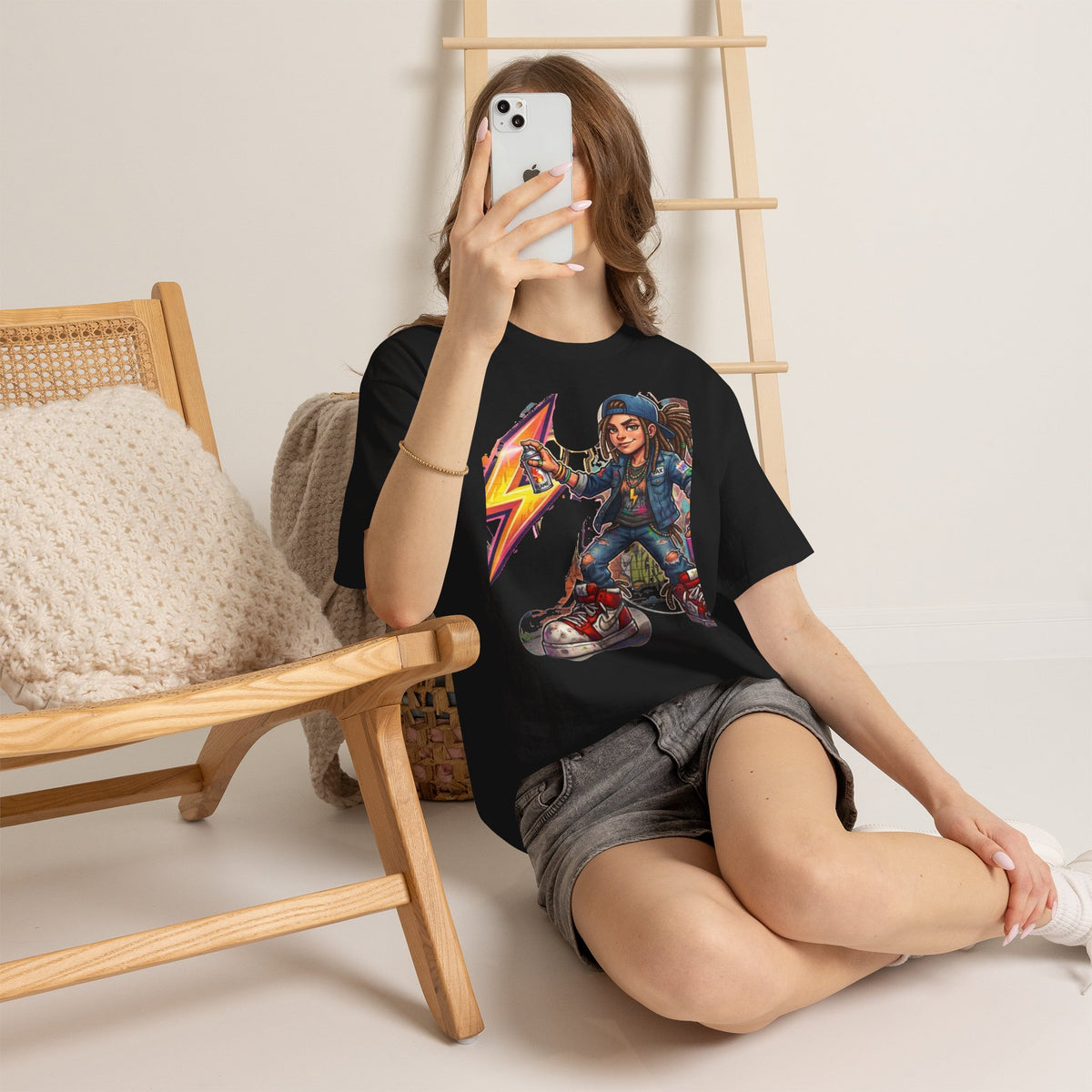 Girl Graffiti Artist T-Shirt | Urban Street Art, Spray Can, Neon Lightning