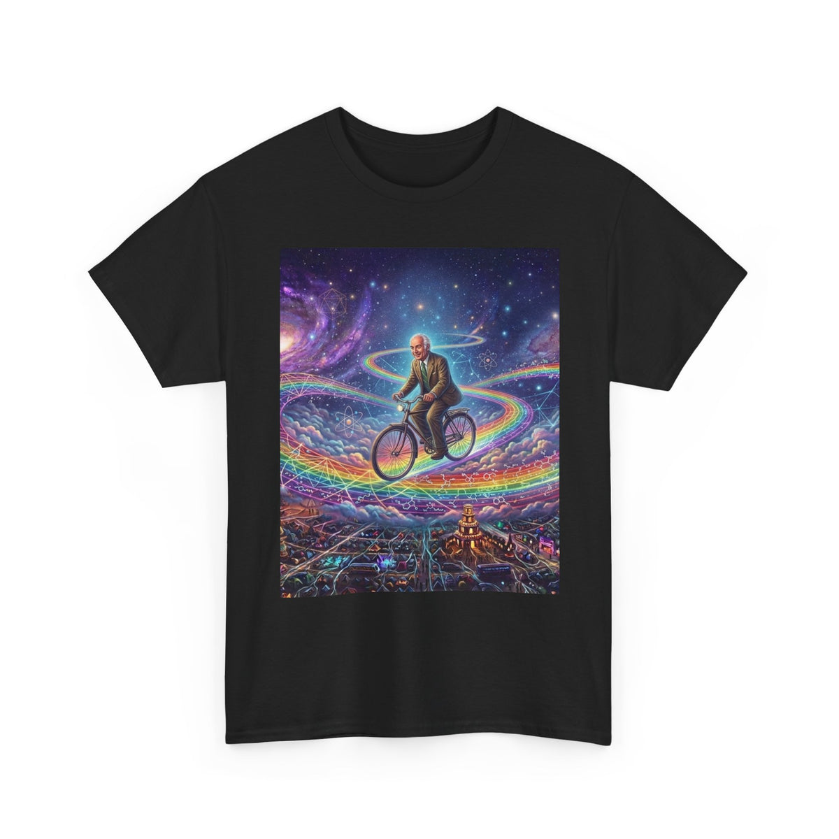 Albert Hoffman Riding Bicycle Through Rainbow Galaxy T-Shirt | Surreal Cosmic Art, Deadhead Gift