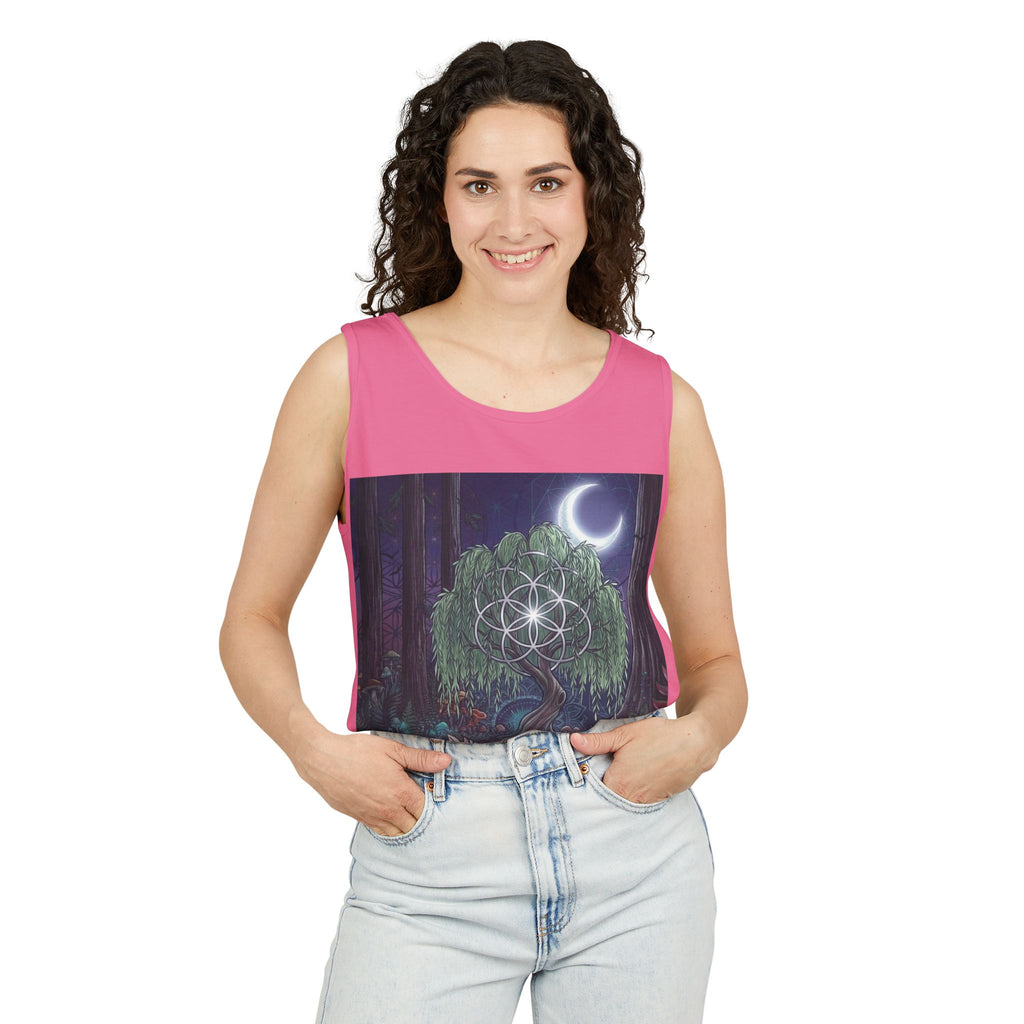 Mystical Moonlit Forest Tree Tank Top | Crescent Moon, Geometric Flower of Life