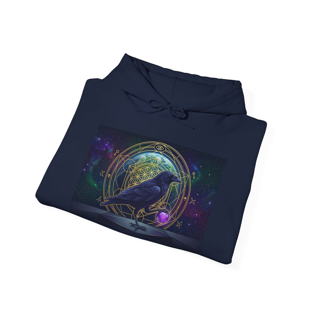 Mystic Raven Illustration Hoodie | Celestial Orb, Night Sky