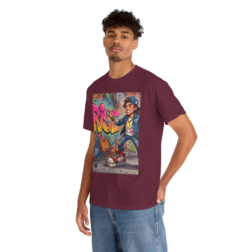 Graffiti Kid Skateboard Art T-Shirt | Urban Streetwear, Colorful Spray Paint Design