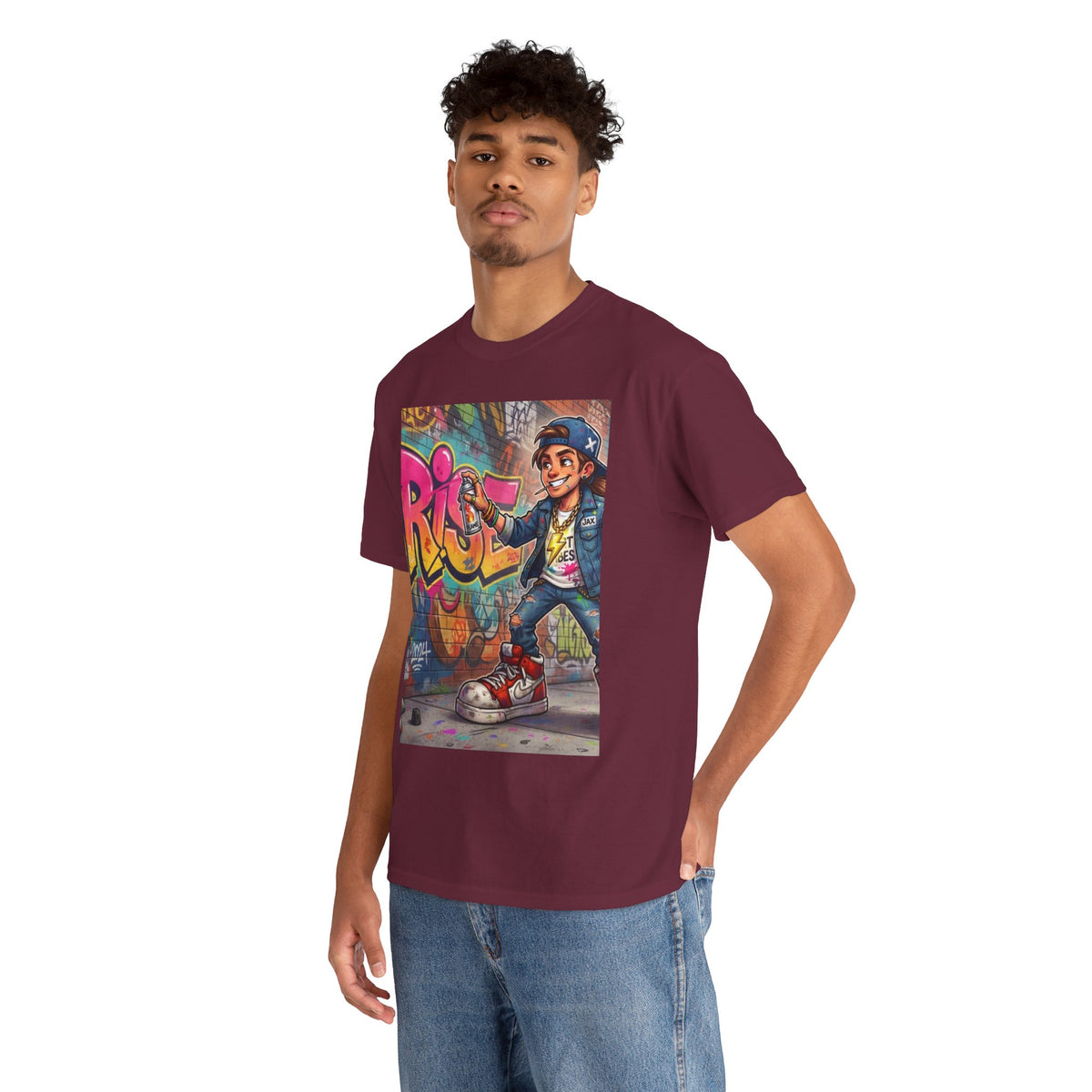 Graffiti Kid Skateboard Art T-Shirt | Urban Streetwear, Colorful Spray Paint Design