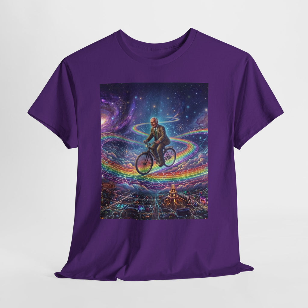 Albert Hoffman Riding Bicycle Through Rainbow Galaxy T-Shirt | Surreal Cosmic Art, Deadhead Gift