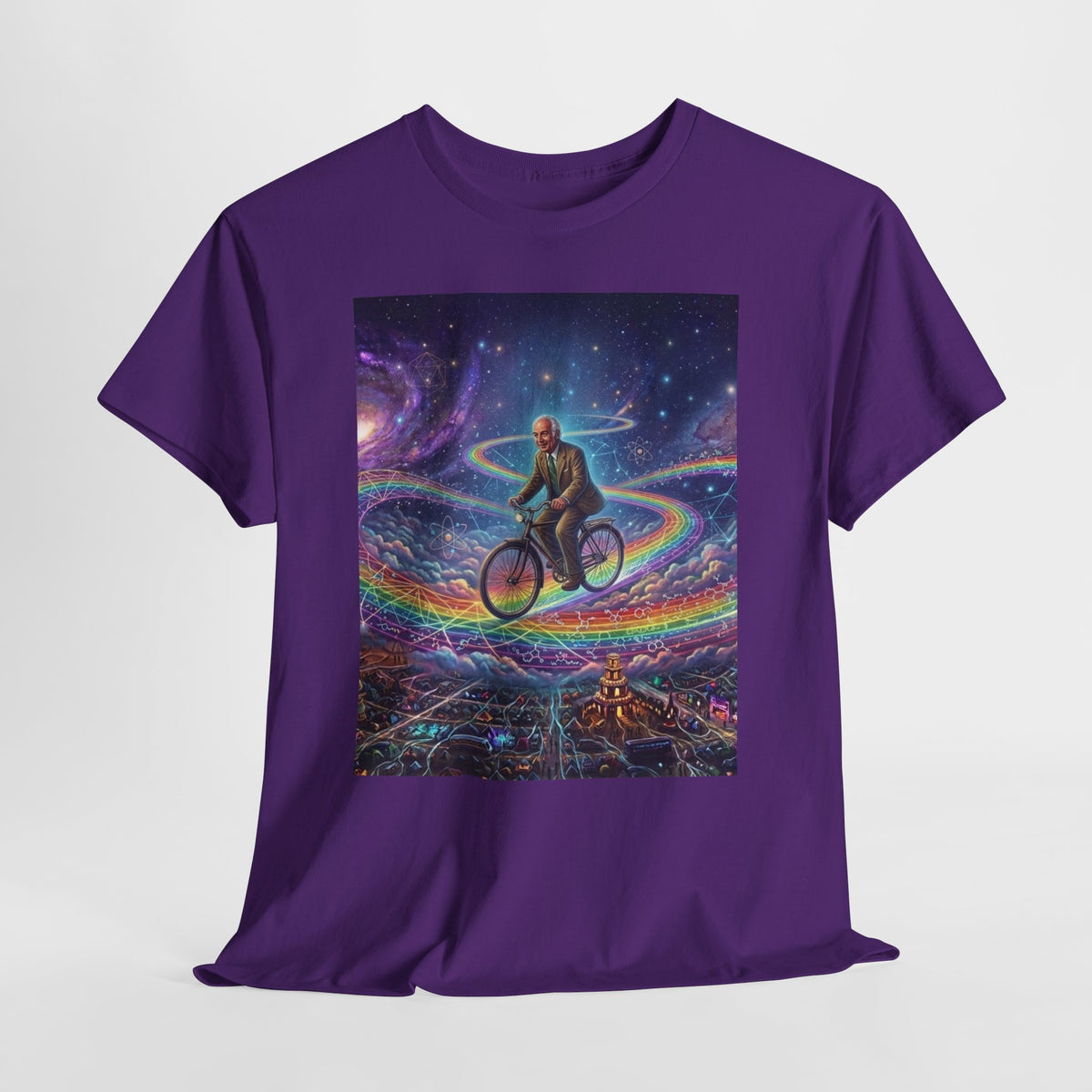 Albert Hoffman Riding Bicycle Through Rainbow Galaxy T-Shirt | Surreal Cosmic Art, Deadhead Gift