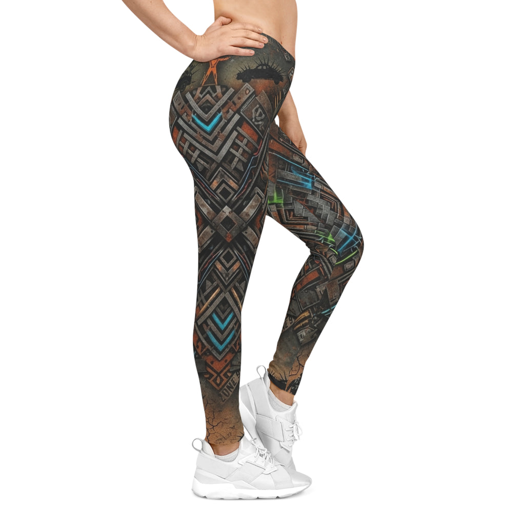 Steampunk Cityscape Leggings | Geometric Industrial Pattern
