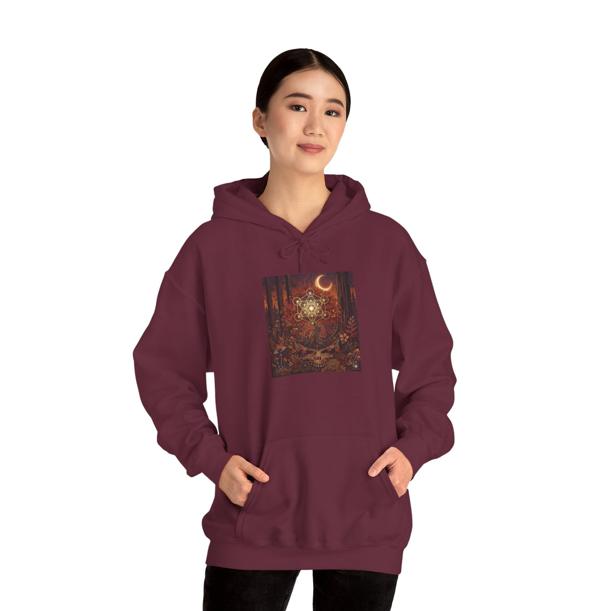 Mystical Moon Forest scene Hoodie | Crescent Moon Owl Night Illustration, deadhead gift