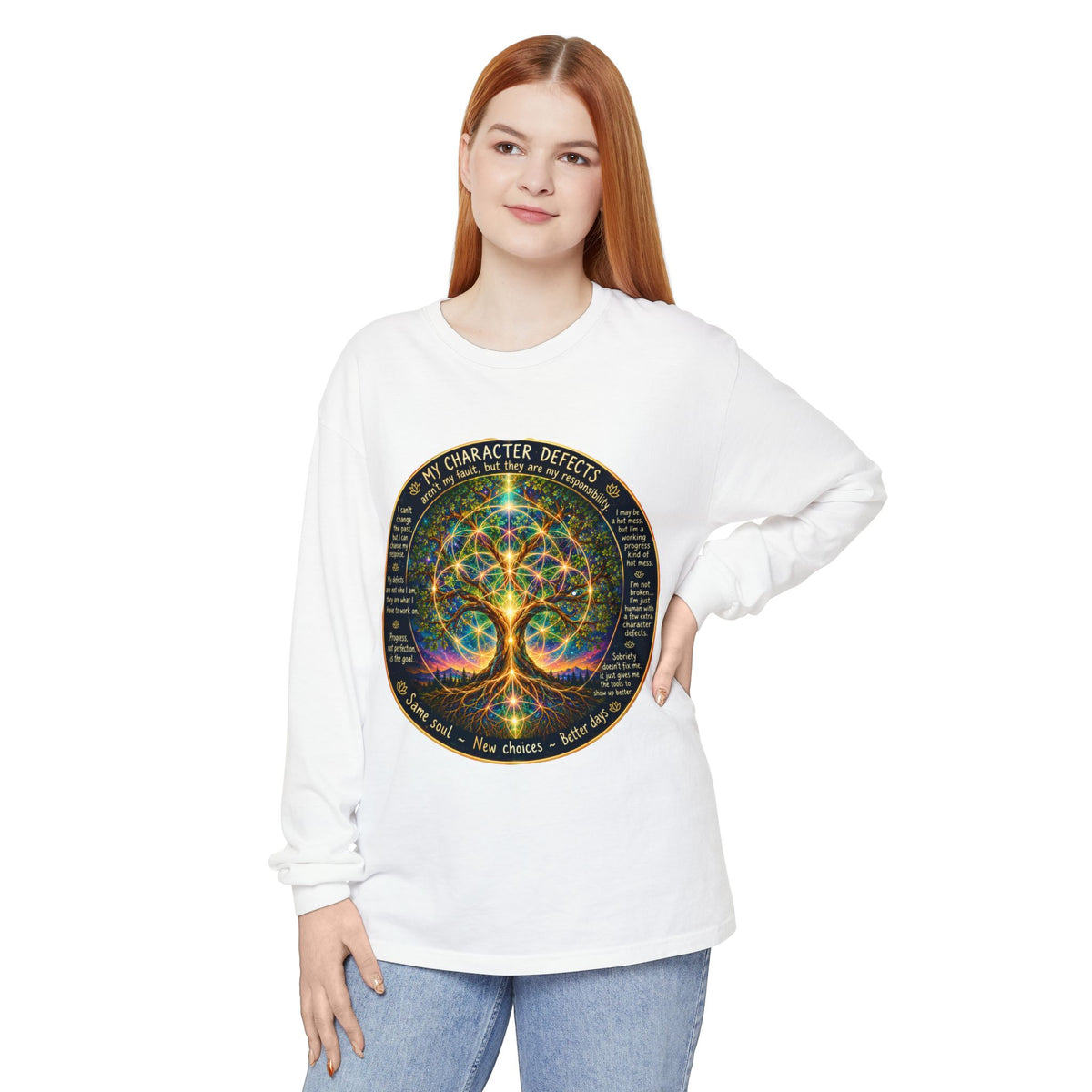 NA Recovery Mandala Long Sleeve T-Shirt | Spiritual Wellness Artwork, Earthy Sacred Geometry Twelve Step Slogan Graphic Tee