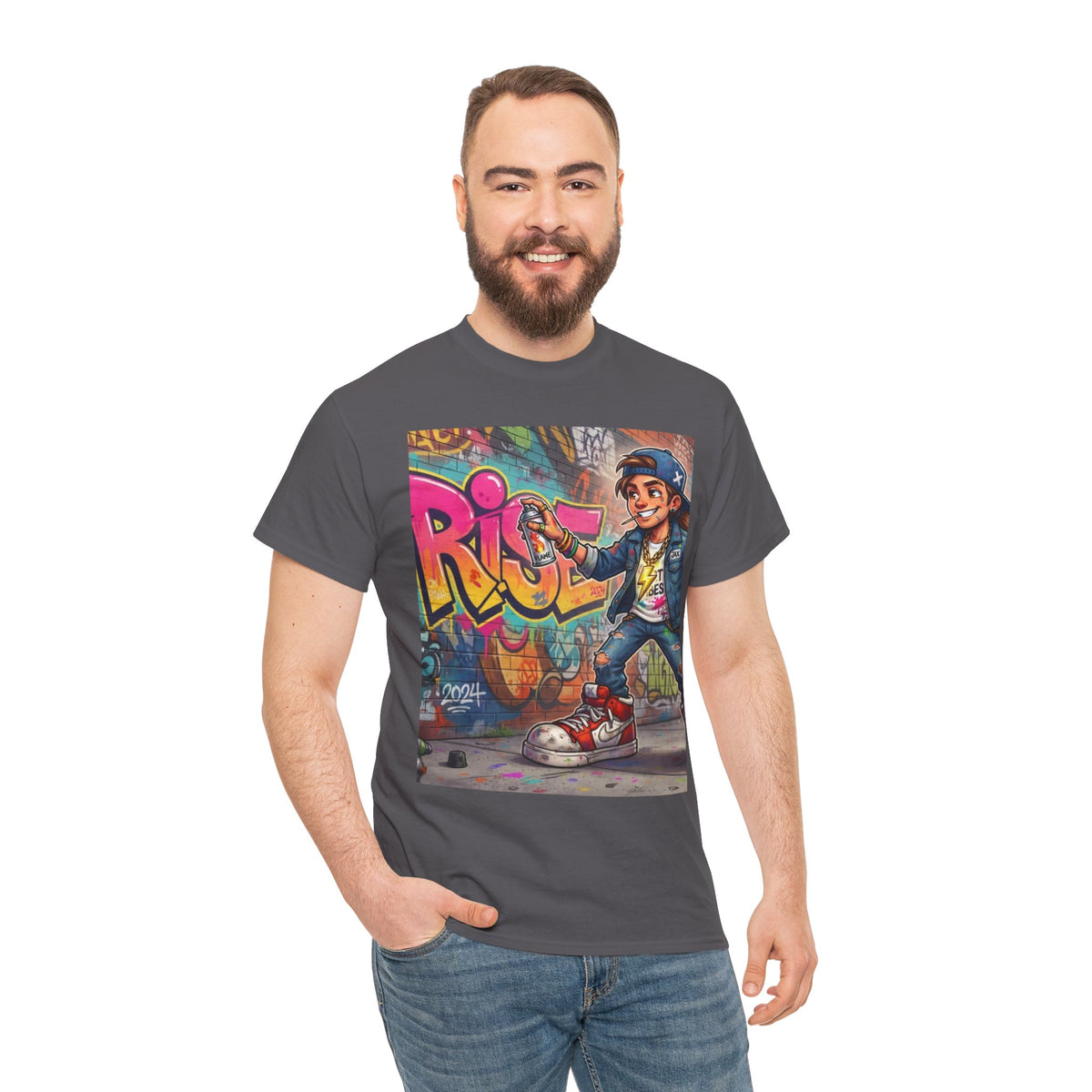 Graffiti Kid Skateboard Art T-Shirt | Urban Streetwear, Colorful Spray Paint Design