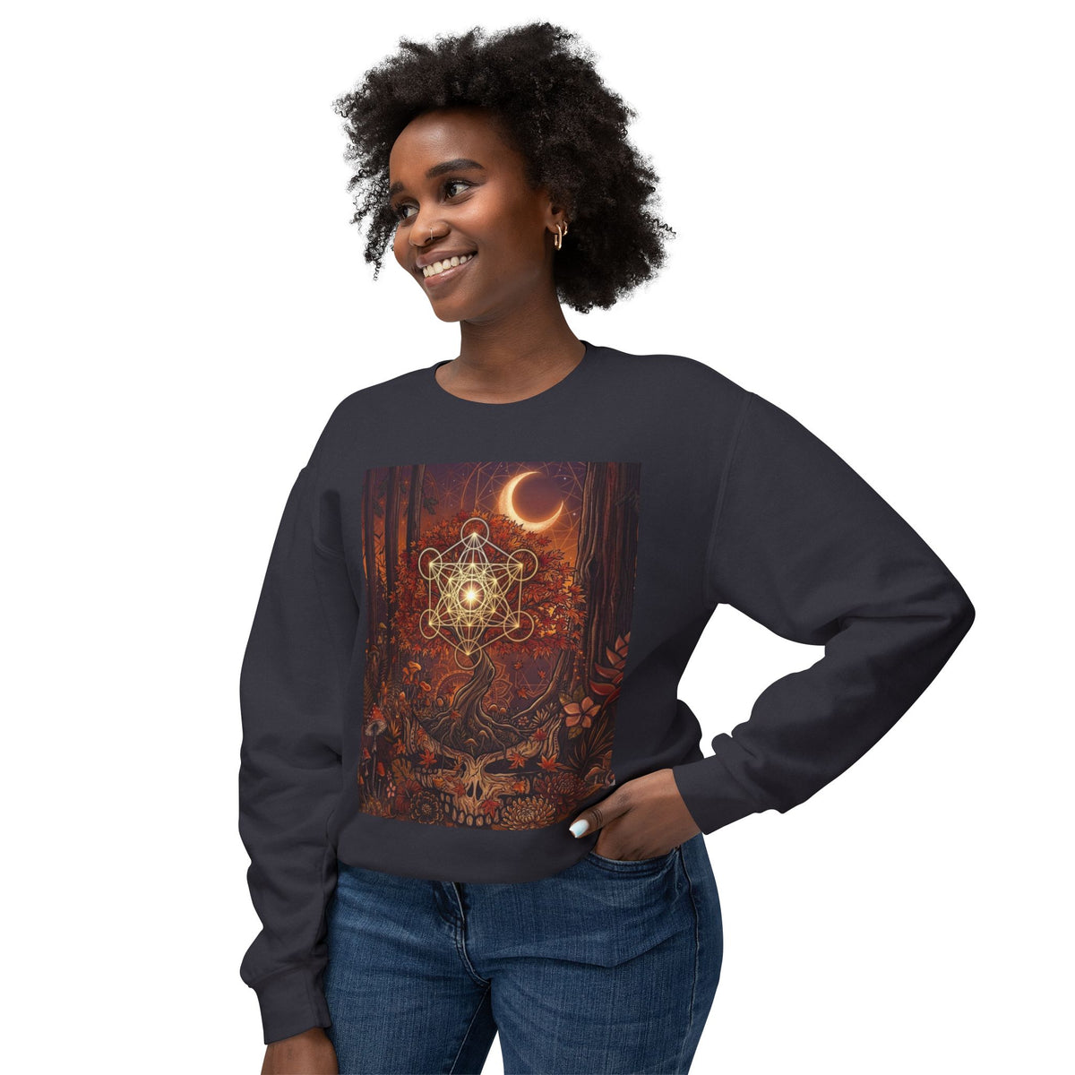 Forest Skull with Sacred Geometry Sweatshirt | Crescent Moon, Autumn Mushroom Scene, deadhead gift