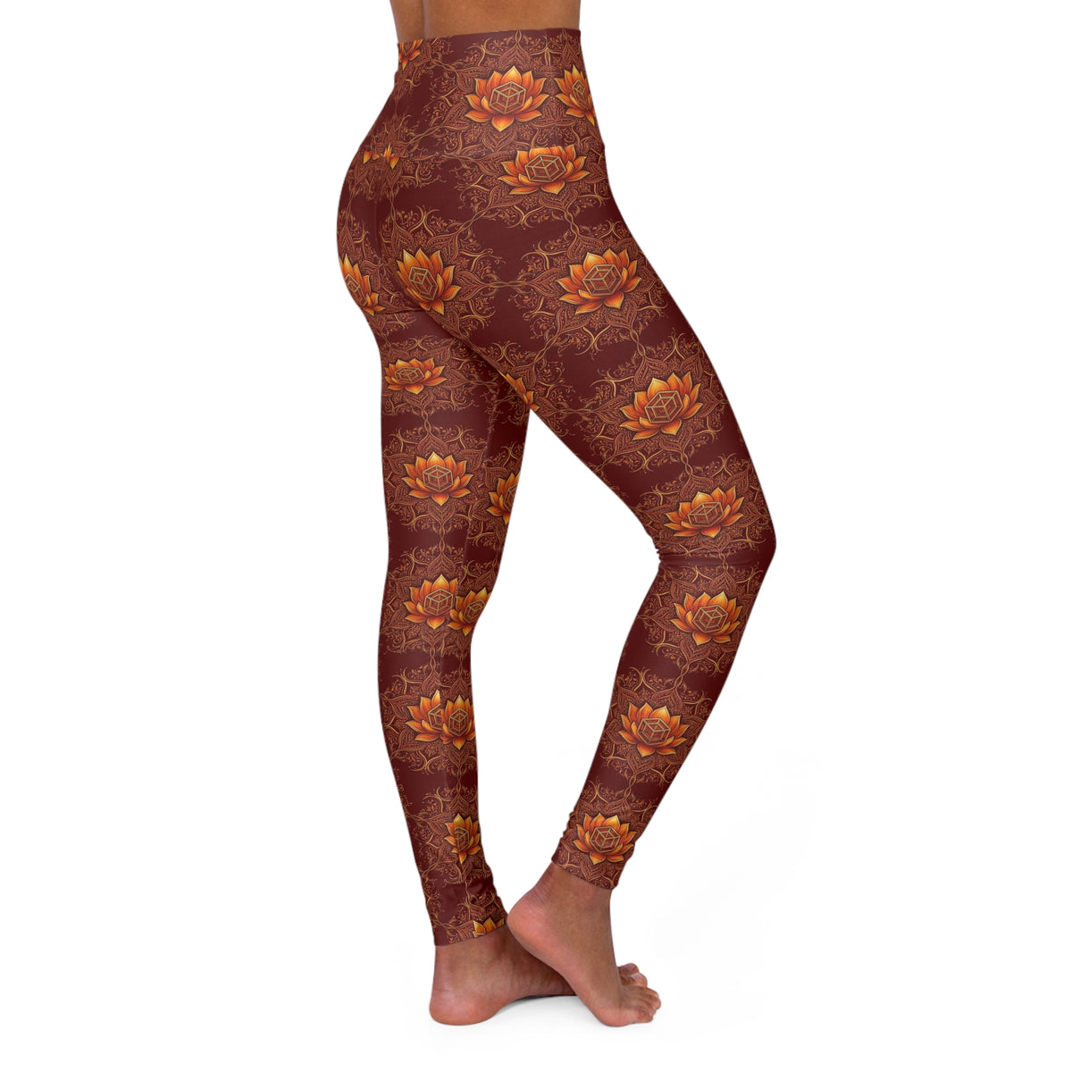 Golden Lotus Pattern High Waisted Leggings | Brown Floral Yoga Leggings