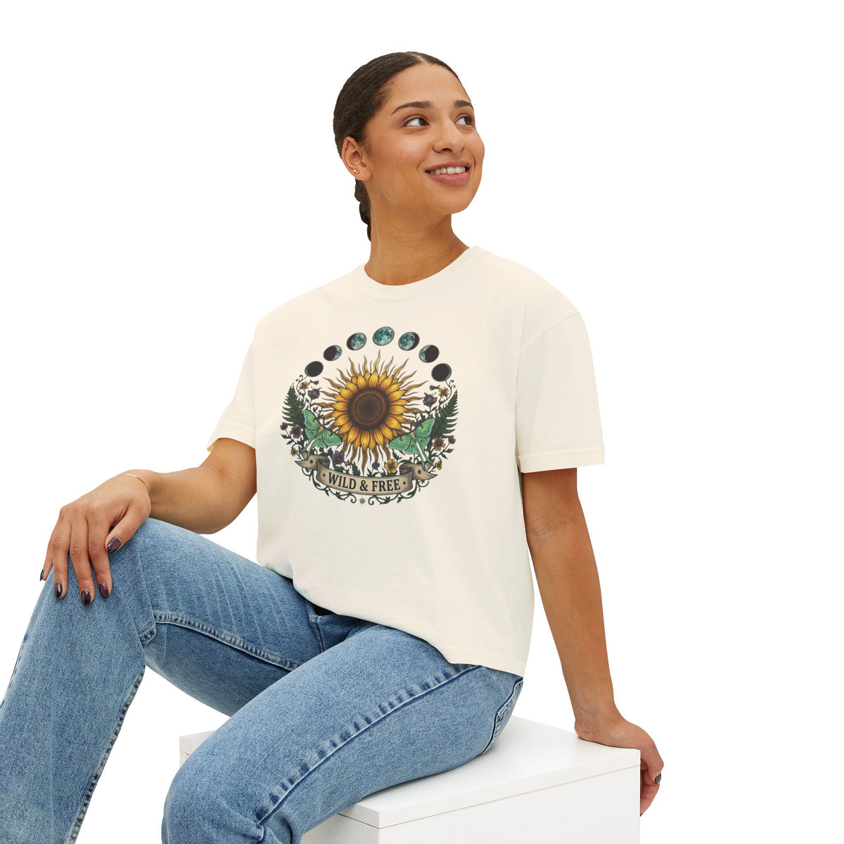Sunflower Moon Phases Wild & Free Tee | Boxy Crop Shirt