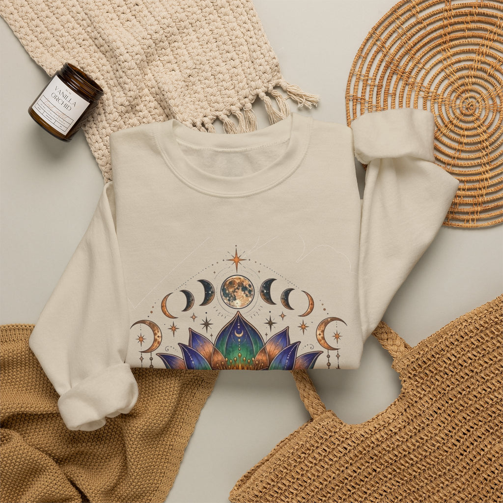 Lotus Moon Phase Om Symbol Sweatshirt | Spiritual Yoga Graphic