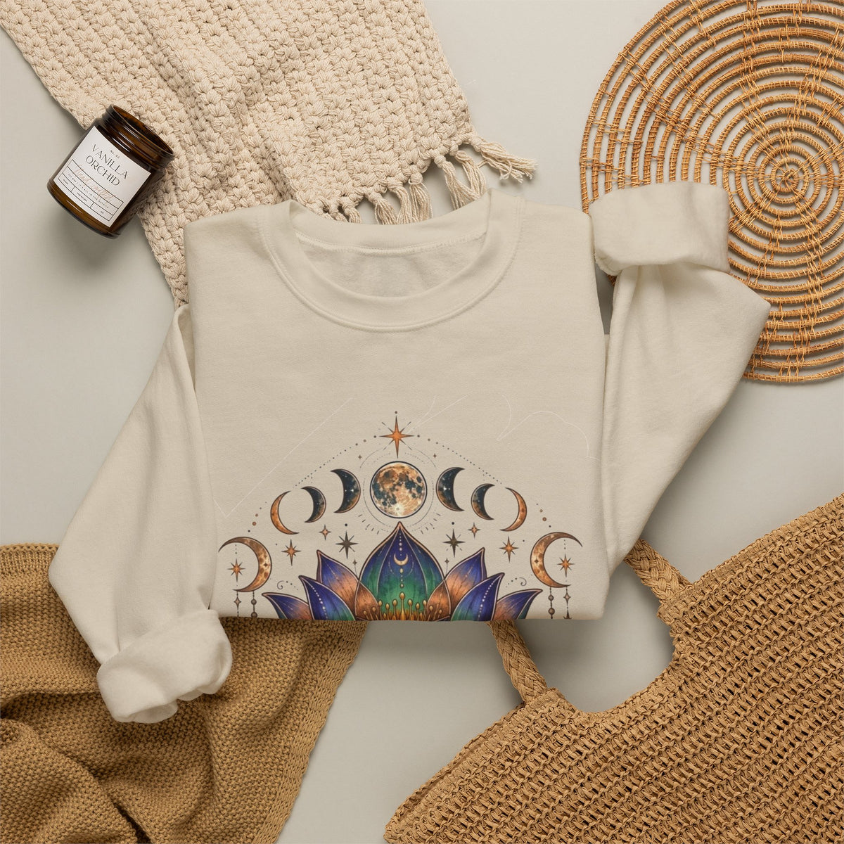Lotus Moon Phase Om Symbol Sweatshirt | Spiritual Yoga Graphic