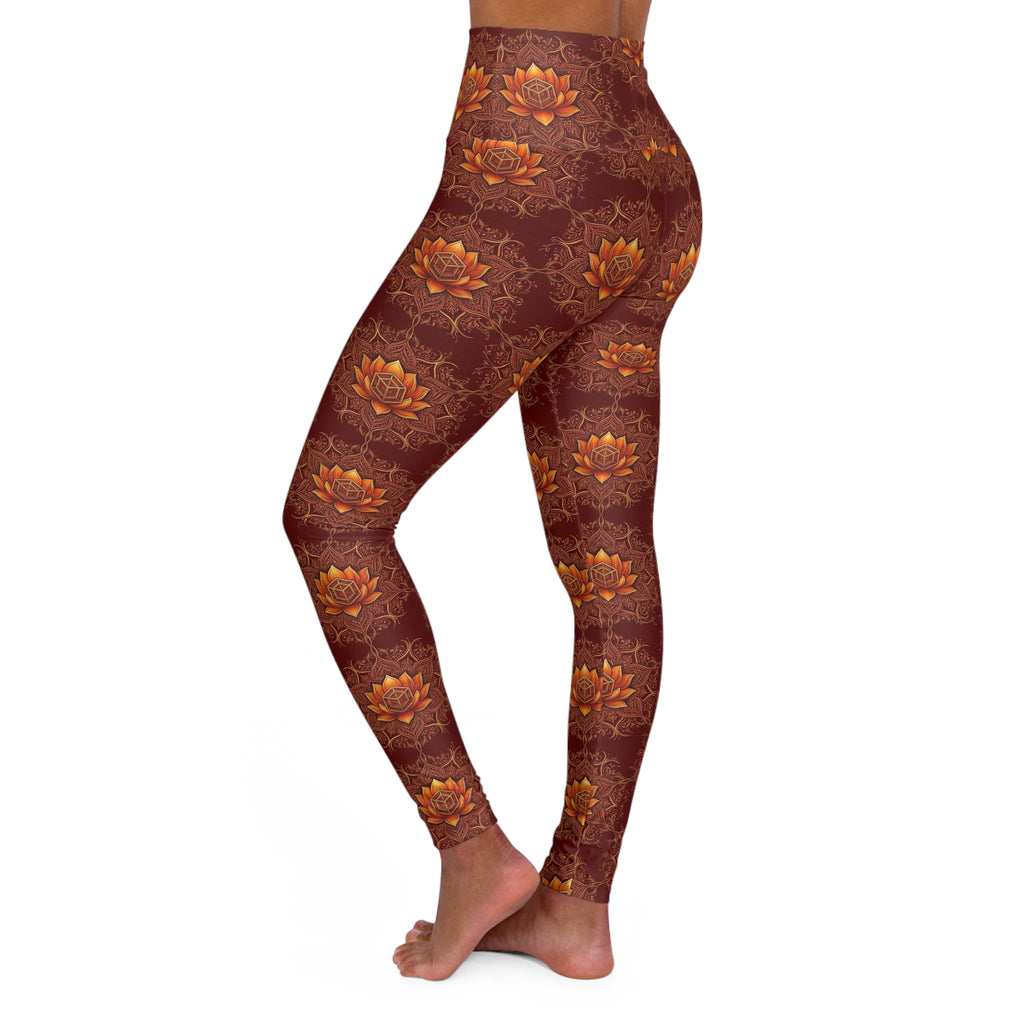 Golden Lotus Pattern High Waisted Leggings | Brown Floral Yoga Leggings