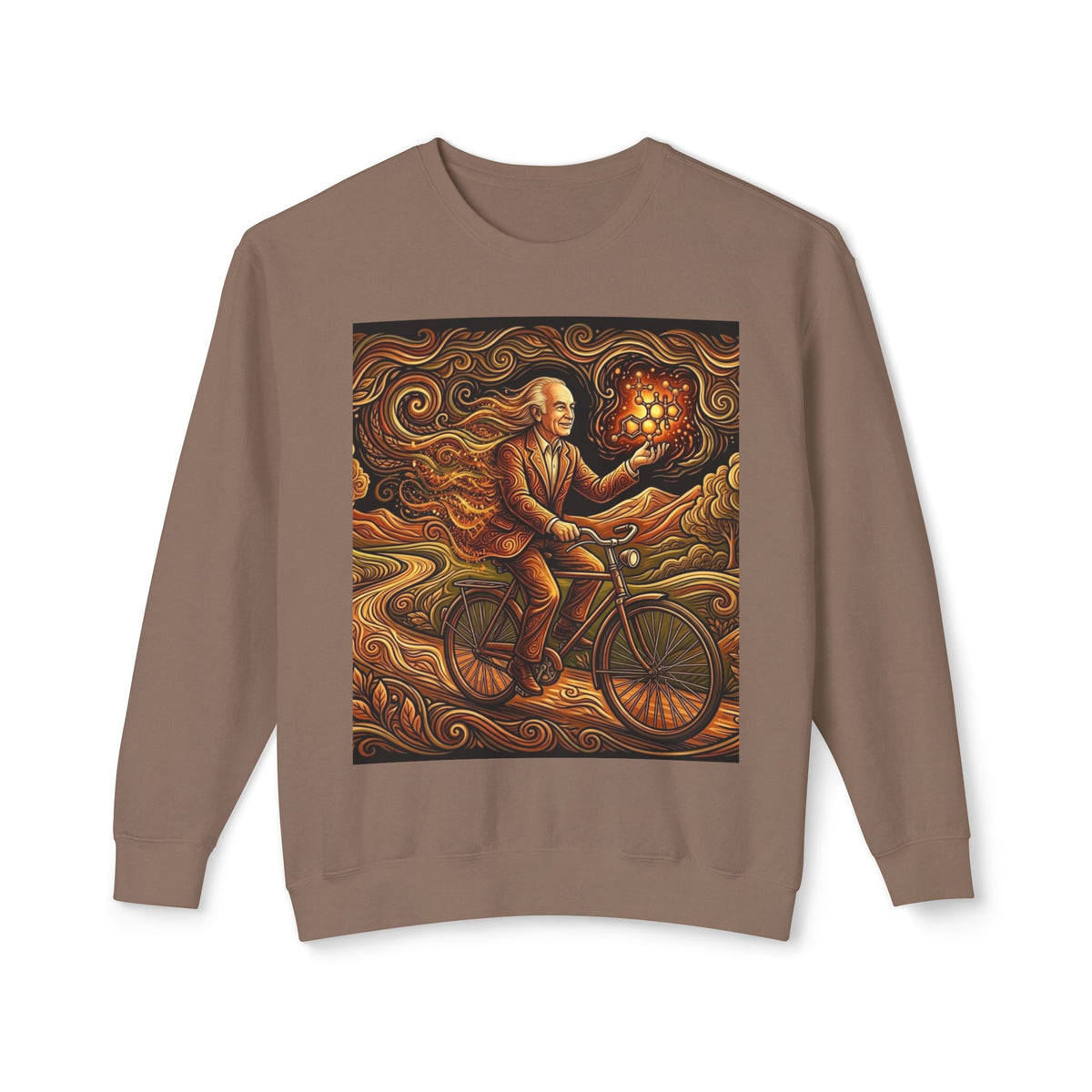 Albert Hoffman  Riding Bicycle Holding Lantern sweatshirt | Whimsical Nightscape Crewneck