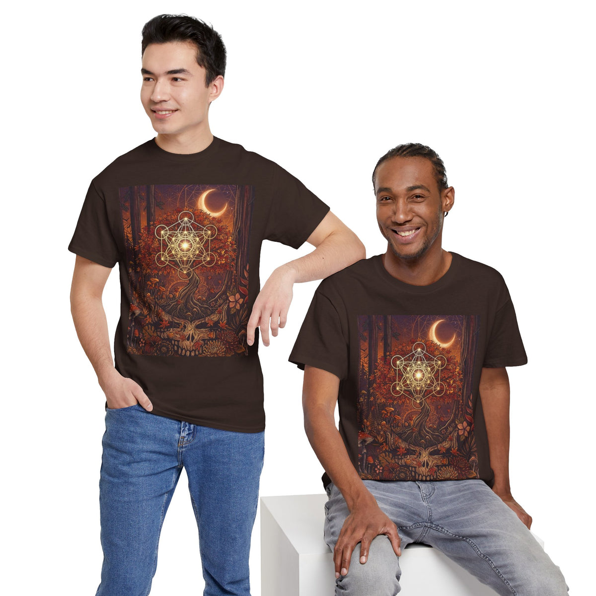 Metatron's Cube Crescent Moon T-Shirt | Mystic Forest Skull Design, Deadhead gift