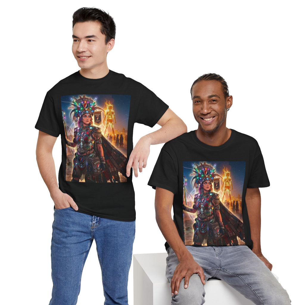 Aztec Warrior Art T-Shirt | Tribal Headdress, Festival Night Scene