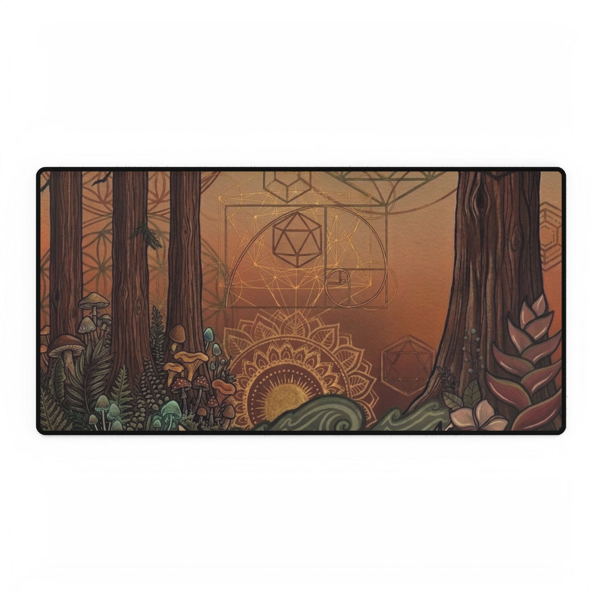 Forest Mandala Woodland Mushrooms, gift for her/him,  Desk Mat | Geometric Sun, gamer gift