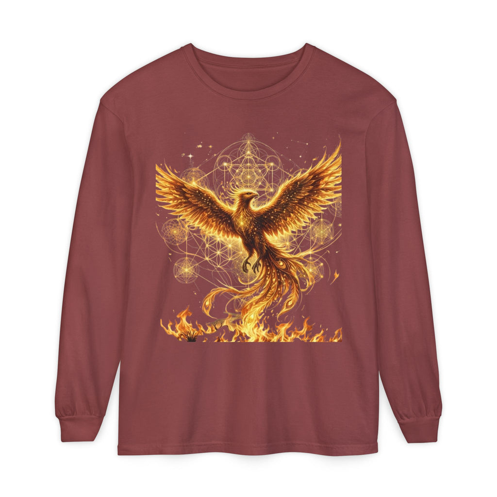 Fiery Phoenix Rising Long Sleeve | Golden Flame Bird Illustration
