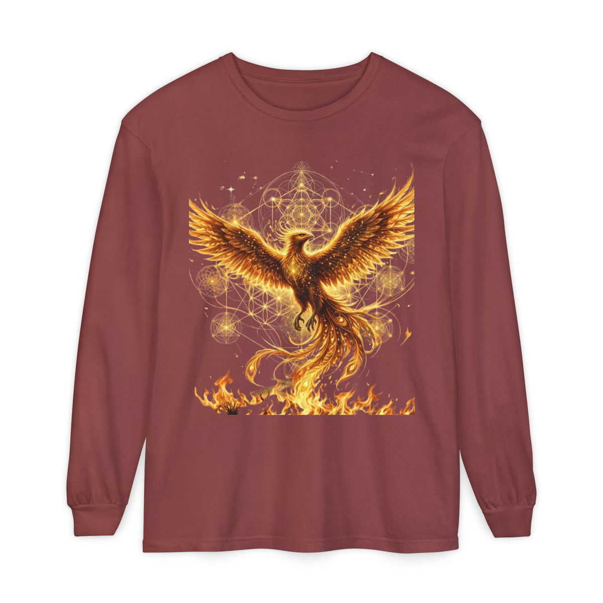 Fiery Phoenix Rising Long Sleeve | Golden Flame Bird Illustration