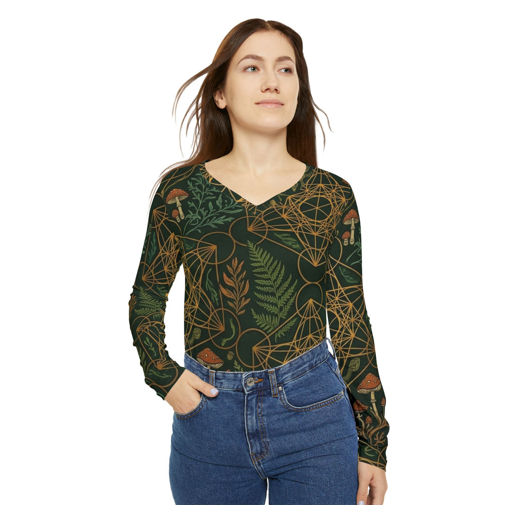 Botanical Geometric Pattern V-neck Long Sleeve Shirt | Mushrooms, Ferns