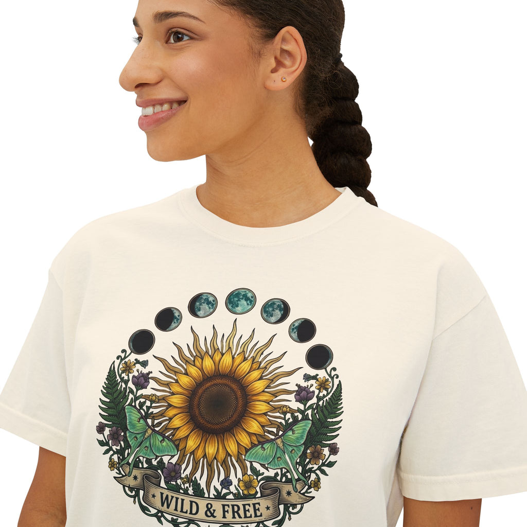 Sunflower Moon Phases Wild & Free Tee | Boxy Crop Shirt