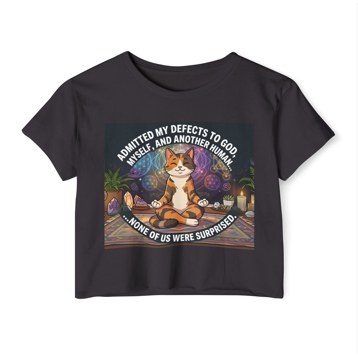 Spiritual Cat Meditating Crop Top Boho Festival Yoga Tee Funny NA Recovery Quote Sacred Geometry Graphic Shirt