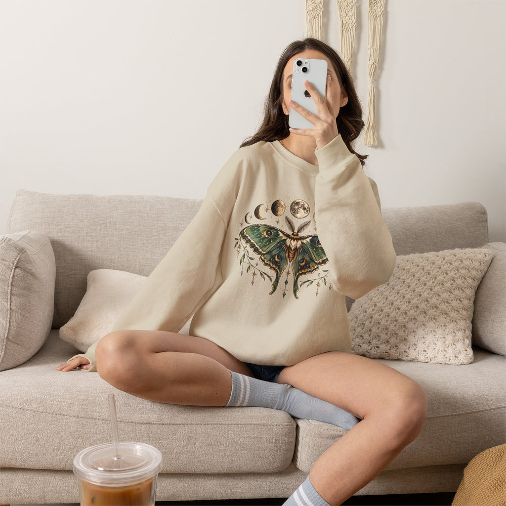 Luna Moth and Moon Phases Sweatshirt | Botanical Moth Illustration