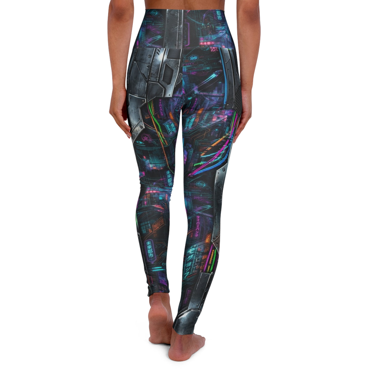 Neon Cyberpunk Circuit Leggings High Waisted Yoga Leggings | Futuristic City Print
