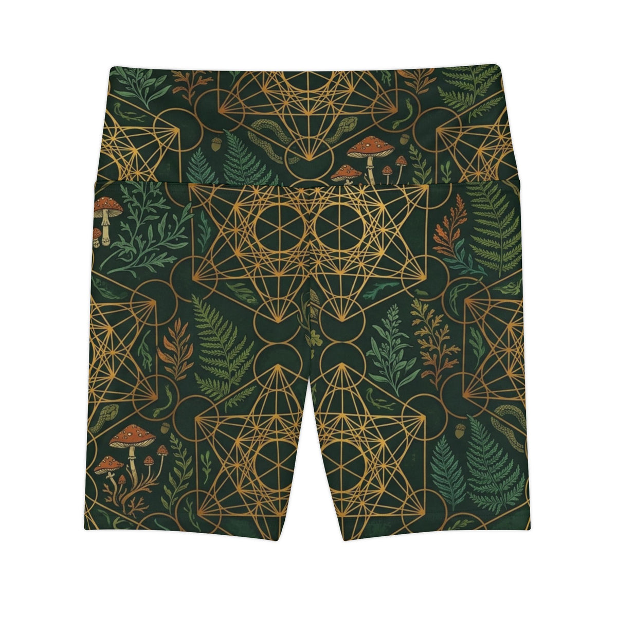 Golden Sacred Geometry with Ferns and Mushrooms Women's Workout Shorts | Nature Mystic